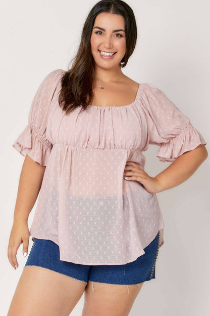 Davi &amp; Dani - POLKA DOT SMOCKED RUFFLE SHORT PUFF SLEEVE TOP: PLUS