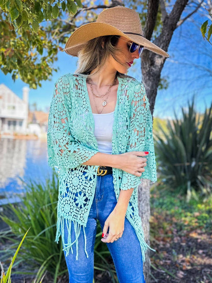 AMOLI - Sage Floral Crochet 3/4 Sleeve With Tassel Kimono