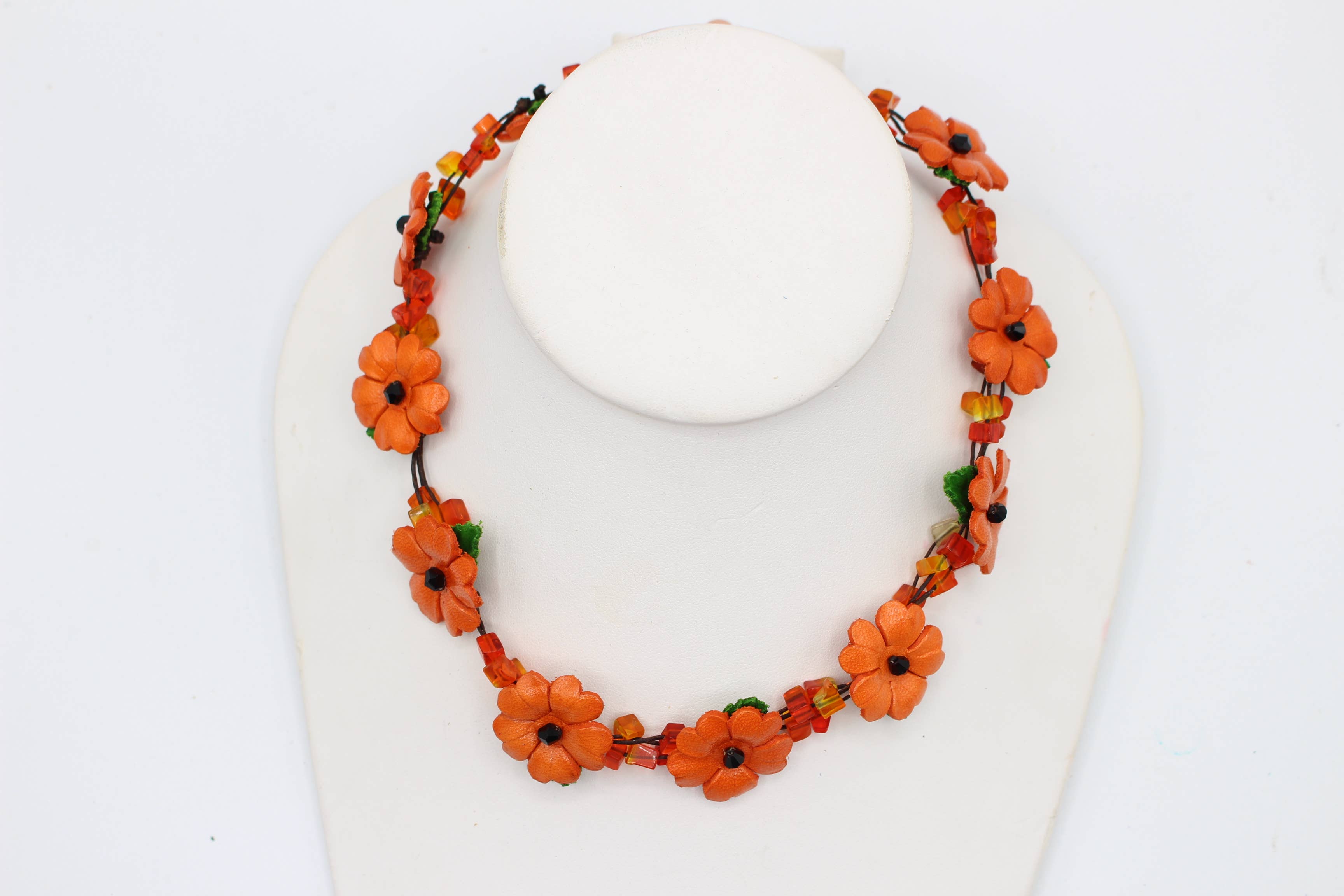  - Leather flower necklace with crystal stone choker