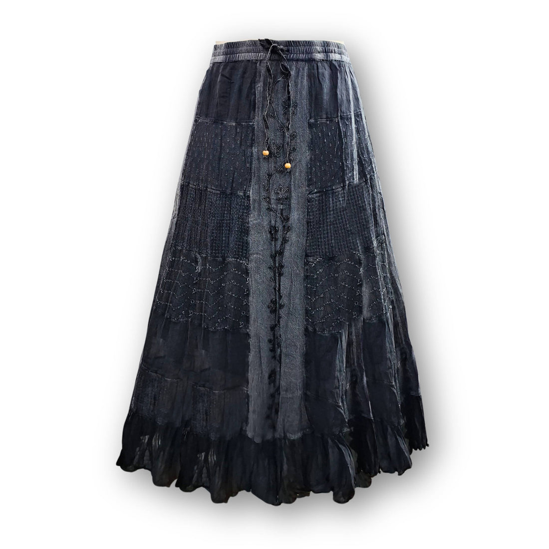 Gypsy Textured Tiered Skirt with Aari Embroidery: Charcoal / PLUS (XL-1X-2X-3X 1-2-2-1)