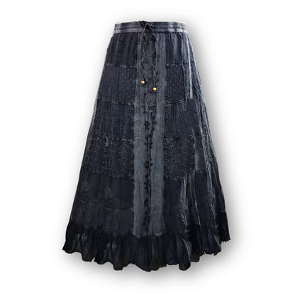 Gypsy Textured Tiered Skirt with Aari Embroidery: Charcoal / PLUS (XL-1X-2X-3X 1-2-2-1)