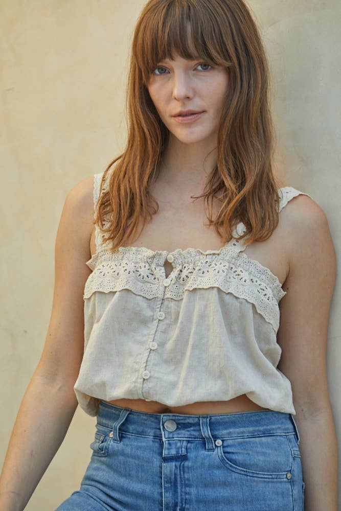 By Together | Woven Cotton Crochet Gauze Line Lace Crop Top