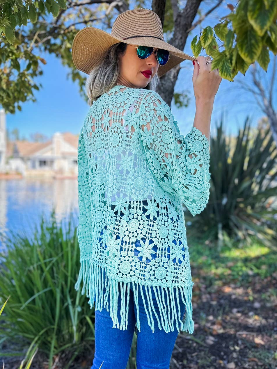 AMOLI - Sage Floral Crochet 3/4 Sleeve With Tassel Kimono