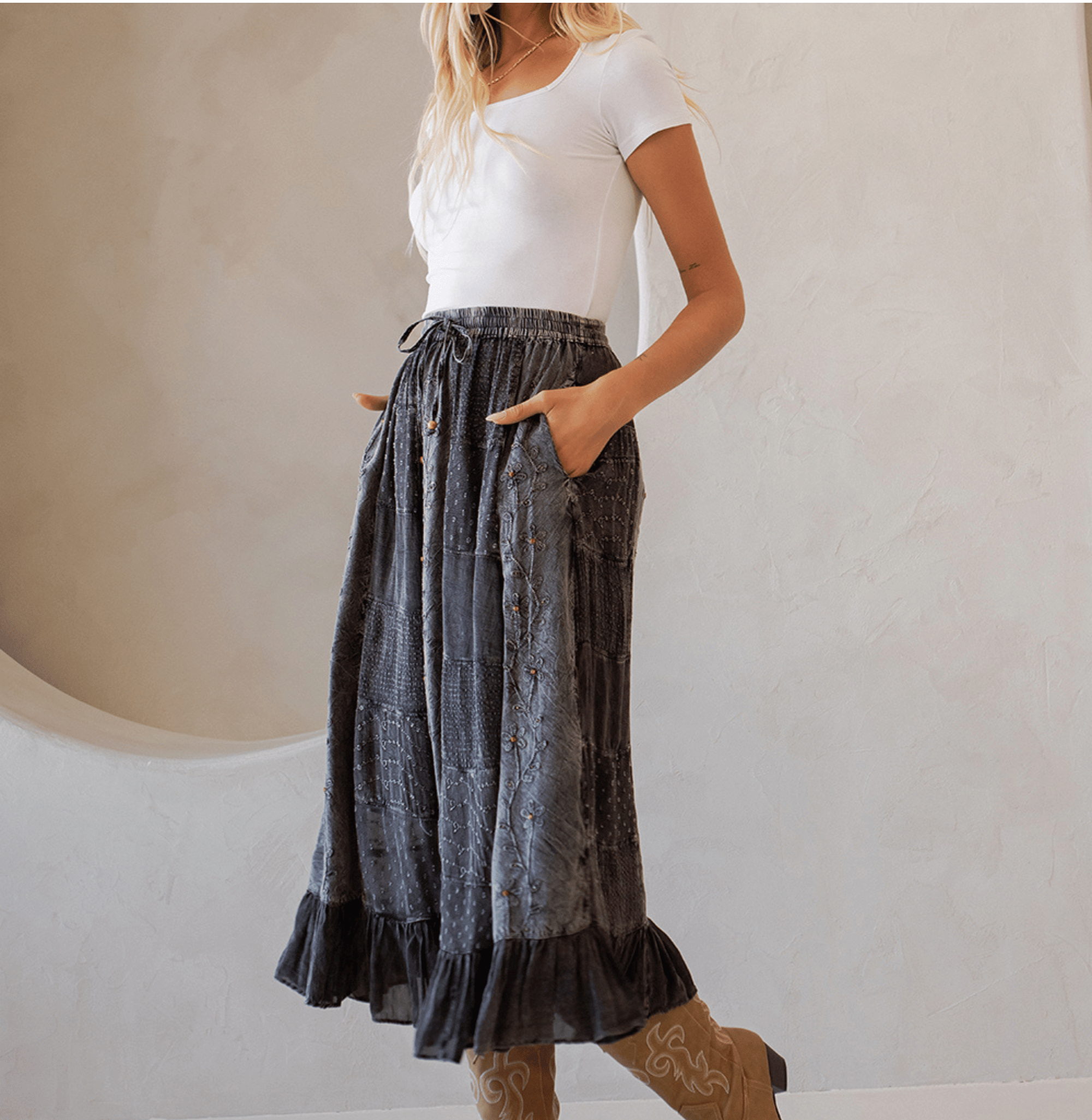 Young Threads - Women Patchwork Embroidered Maxi Skirt With Side Pockets