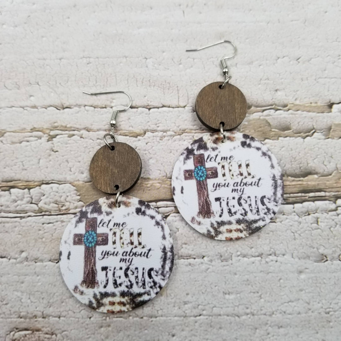 Cross Round Leather Wood Earrings