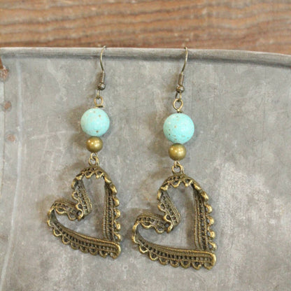 The Primitive Peddler, Inc. - Bronze &amp; Turquoise Heart Earrings