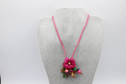 Leather flower necklace with wood beads