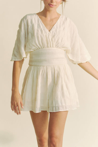 Davi &amp; Dani - BATWING SLEEVES SNAPE BUTTON UP WAISTBELT ROMPER