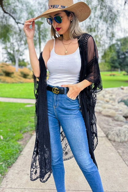 AMOLI - Black Boho Floral Lace Sheer Dressy Kimono Cover Up Cardigan