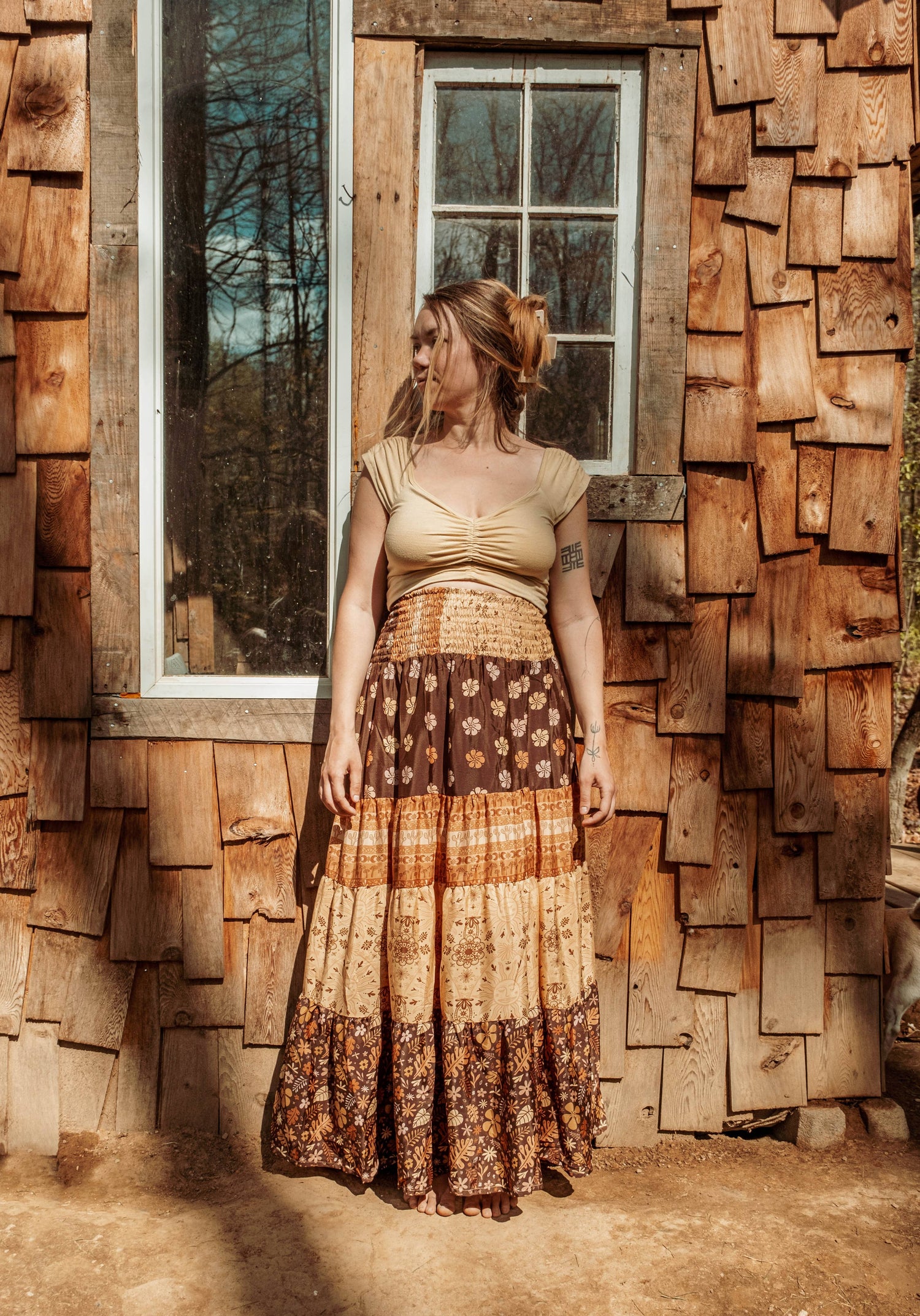 Gardenbelle Shop - Bohemian Earthy Print Tiered Maxi Skirt, Hippie Boho Dress