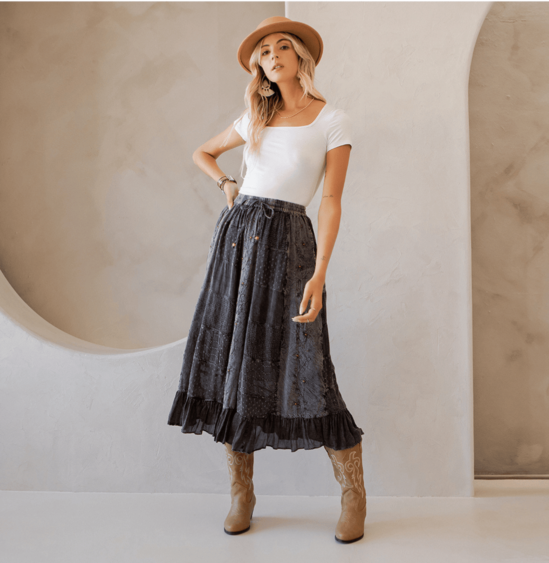 Young Threads - Women Patchwork Embroidered Maxi Skirt With Side Pockets