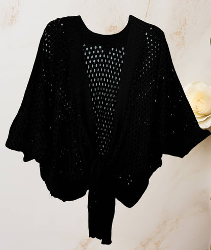 JC Sunny Fashion - Eyelet Open-Knit Metallic Cardigan with Front Tie