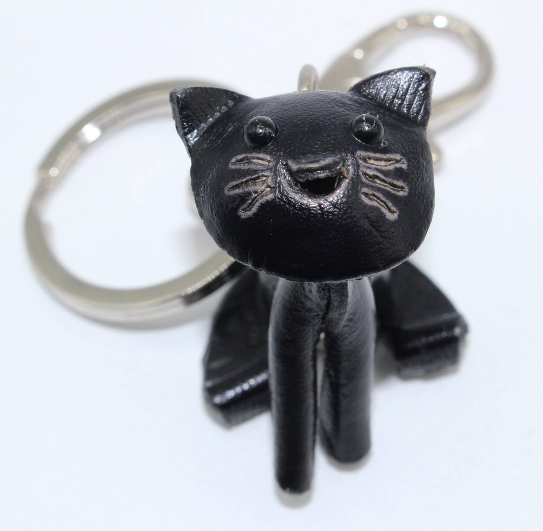  Handmade leather black baby cat kitten key chain purse charm