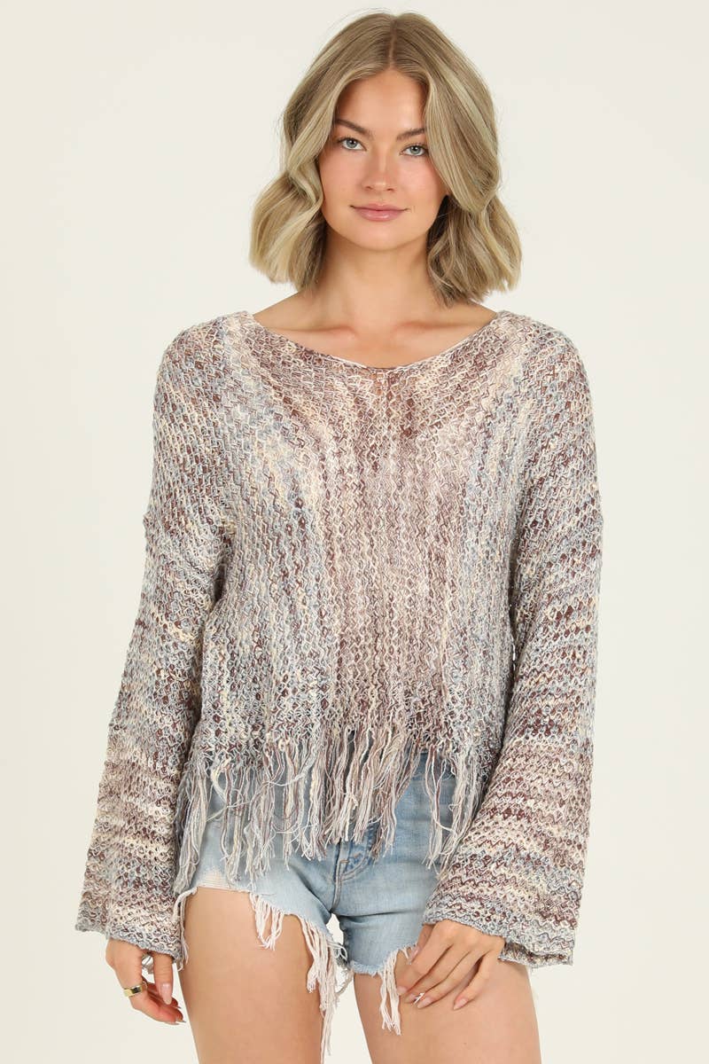 ANGIE - V NECK FRINGE HEM PULLOVER SWEATER