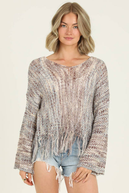 ANGIE - V NECK FRINGE HEM PULLOVER SWEATER