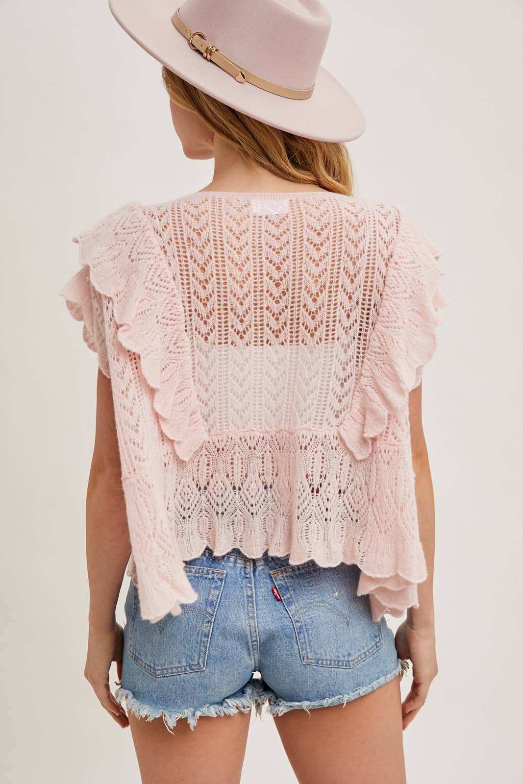 Bluivy - OPEN KNIT FLUTTER-SLEEVE POINTELLE SWEATER TOP