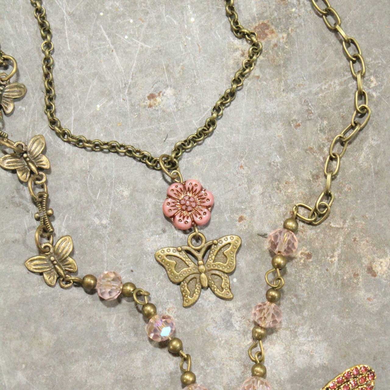 The Primitive Peddler, Inc. - Fly High Butterfly Bling Blushing Layered Necklace
