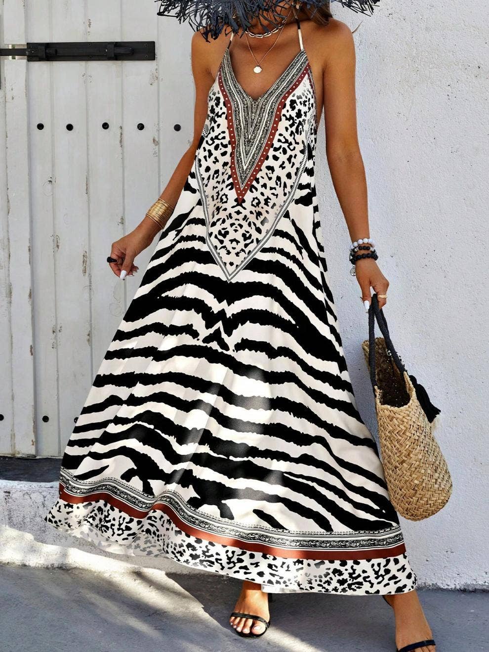Anna Kaci Wholesale - V Neck Printed Spaghetti Strap A Line Maxi Dress