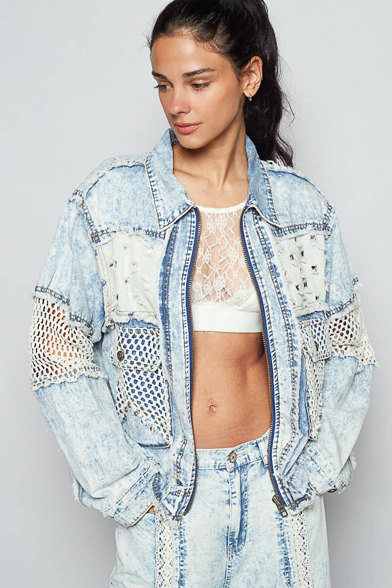 Pol Clothing - Long sleeve stud 3D cargo pockets denim jacket