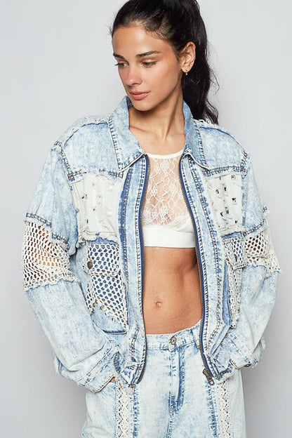 Pol Clothing - Long sleeve stud 3D cargo pockets denim jacket