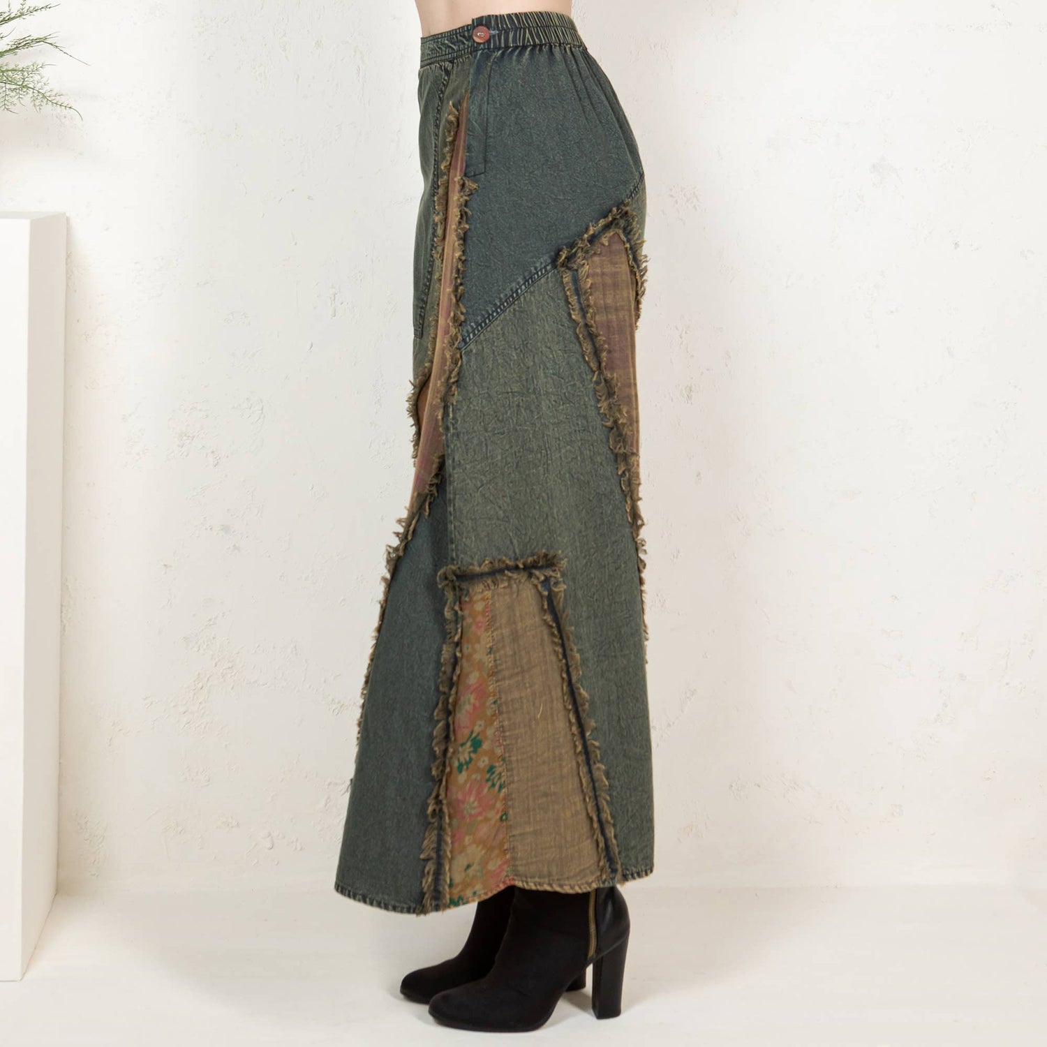 Young Threads - Western Boho Chic: Patch Inserted Denim Midi Skirt- New