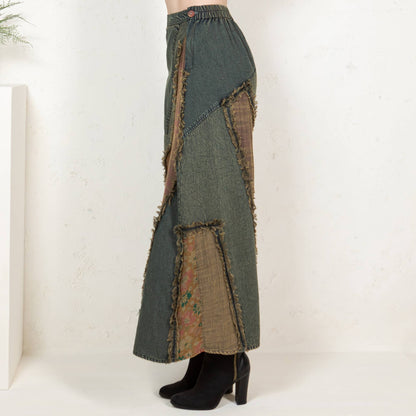 Young Threads - Western Boho Chic: Patch Inserted Denim Midi Skirt- New