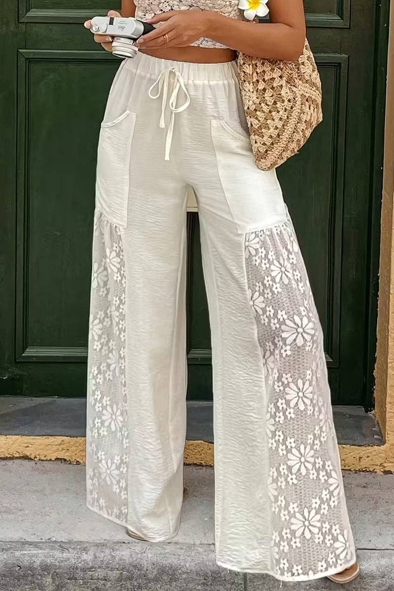 Mccolin - Drawstring Lace Panel Casual Pants
