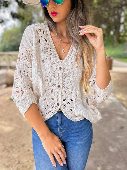 AMOLI - Ivory Boho Lace Detail Dolman Sleeve Button-Down Cardigan