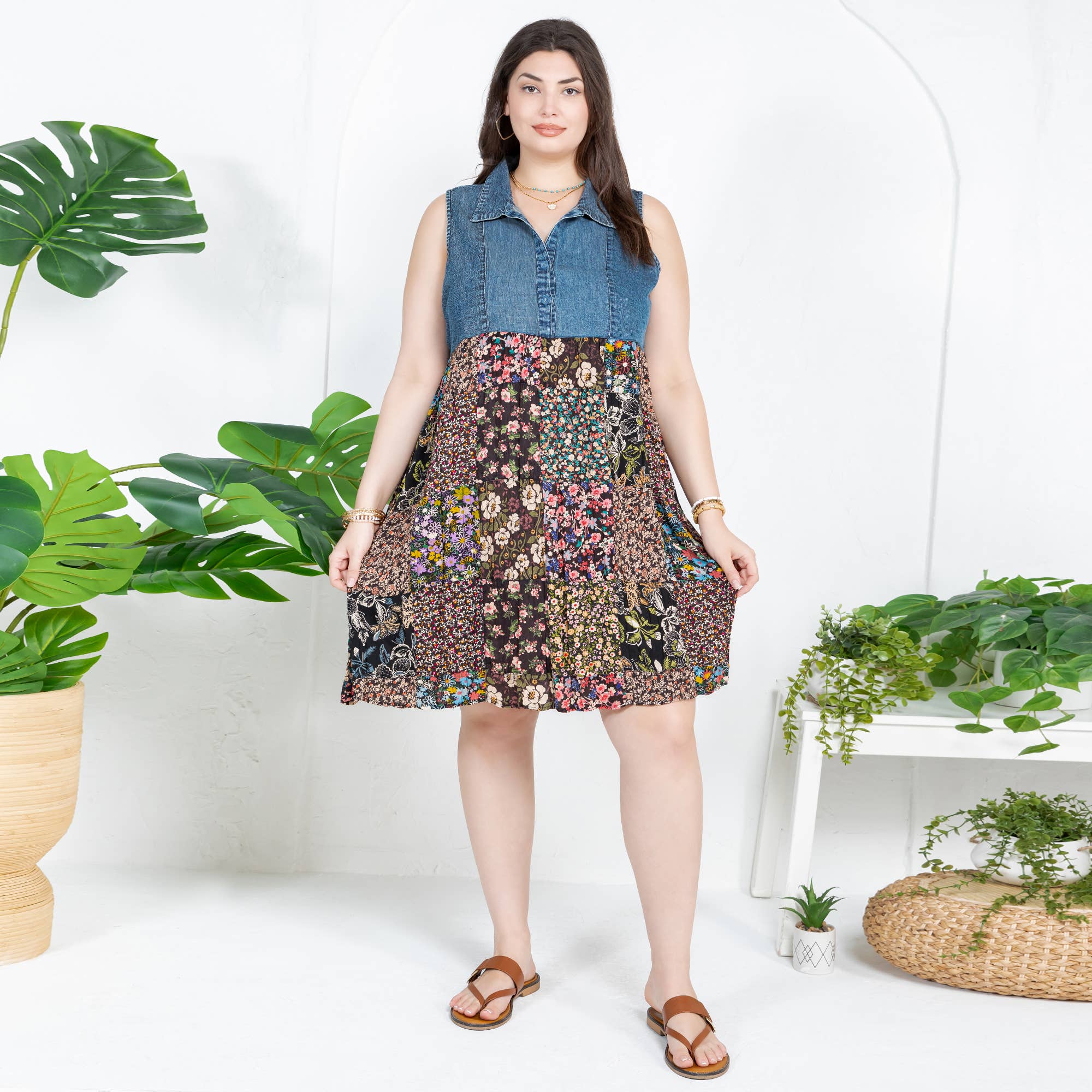 Young Threads - Rustic Summer Denim Short Dress with Print Patches