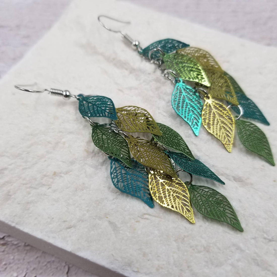 Treasure Wholesale - Green And Gold Leaves Lightweight Statement Earring