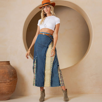 Young Threads - Western Boho Chic: Patch Inserted Denim Midi Skirt- New