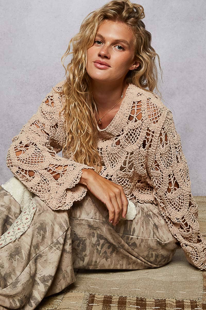 Pol Clothing - Round neck long sleeve solid crochet top