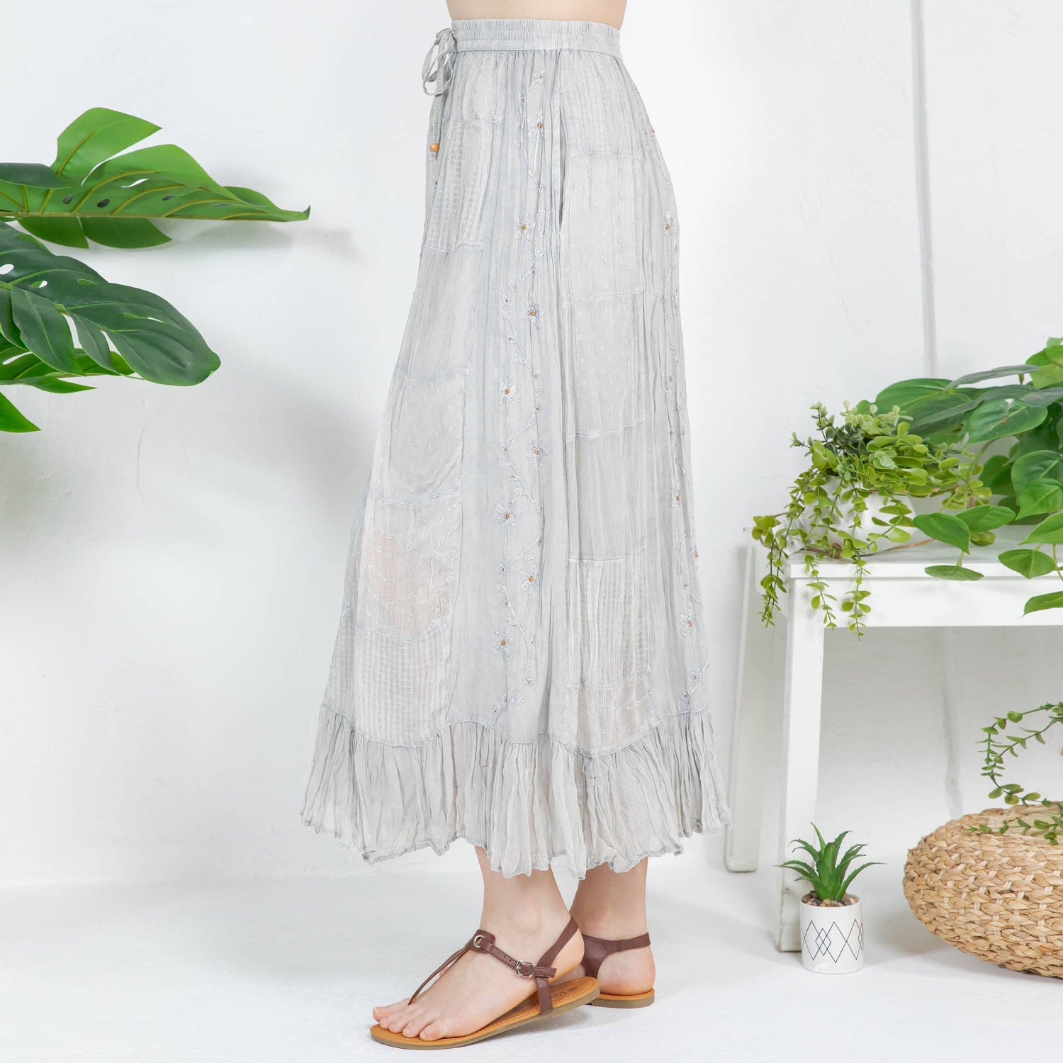 Young Threads - Women Patchwork Embroidered Maxi Skirt With Side Pockets