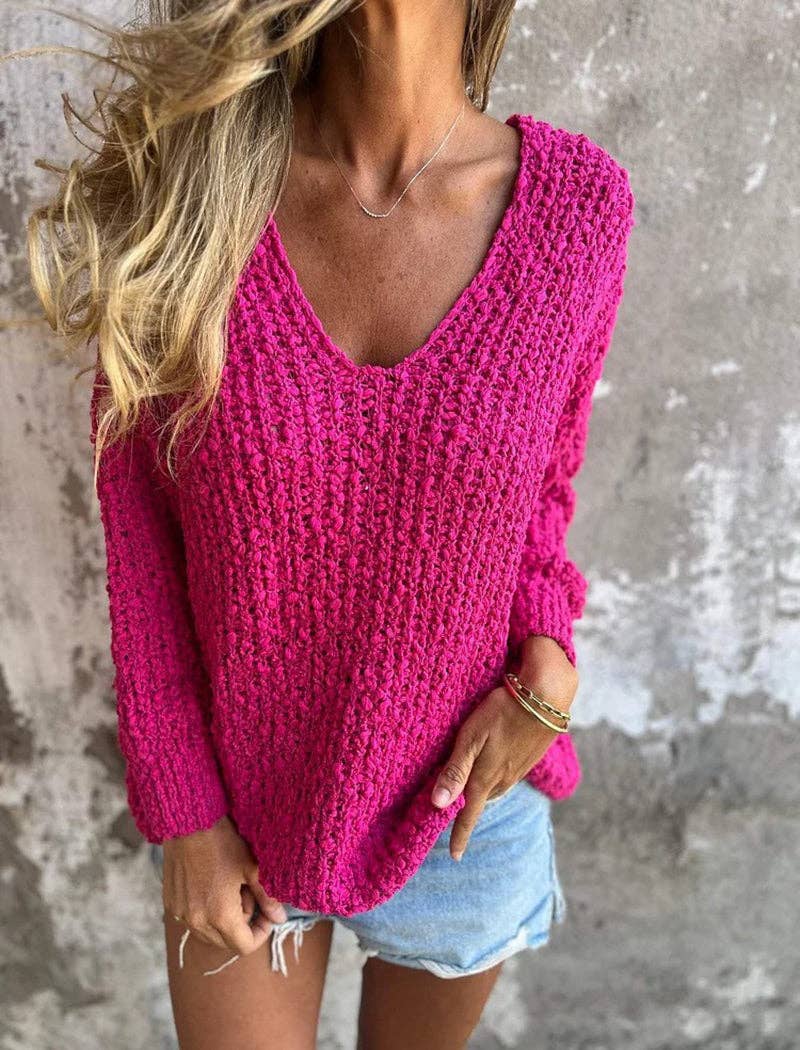 Masyal - Knit V-Neck Relaxed Long Sleeve Sweater