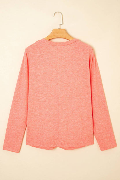 Lovesoft - Fresh Salmon Floral Patchwork V Neck Long Sleeve T Shirt