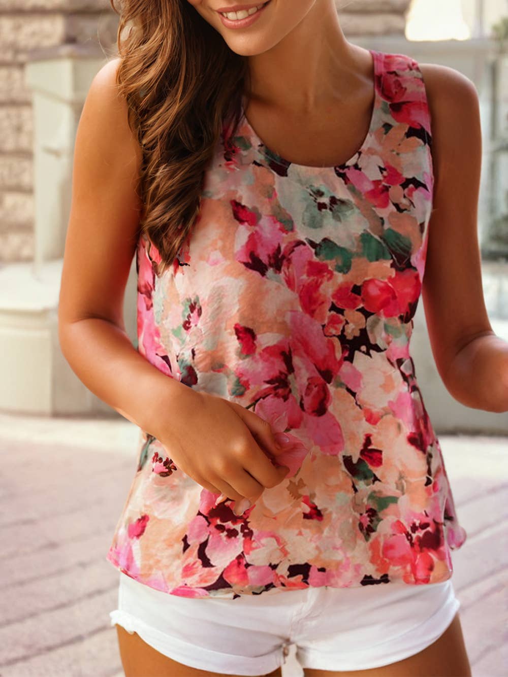 1 the Woman - Floral Round Neck Twisted Cut Out Back Tank Top