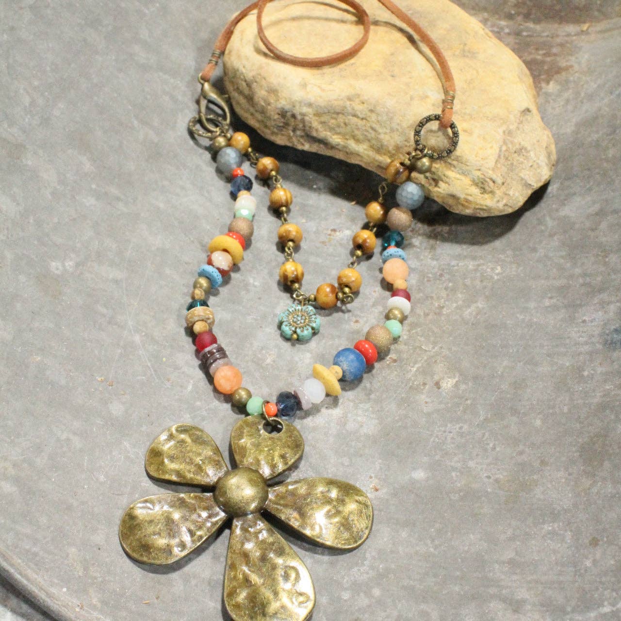 The Primitive Peddler, Inc. - Fun In the Sun Flower Layered Leather Necklace