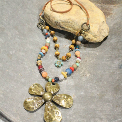 The Primitive Peddler, Inc. - Fun In the Sun Flower Layered Leather Necklace