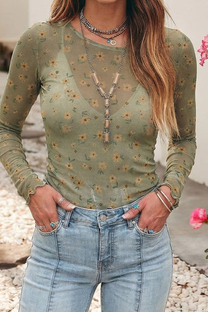 Little Daisy Closet - LDC Vintage Floral Print Southern Style Mesh Long Sleeve Top