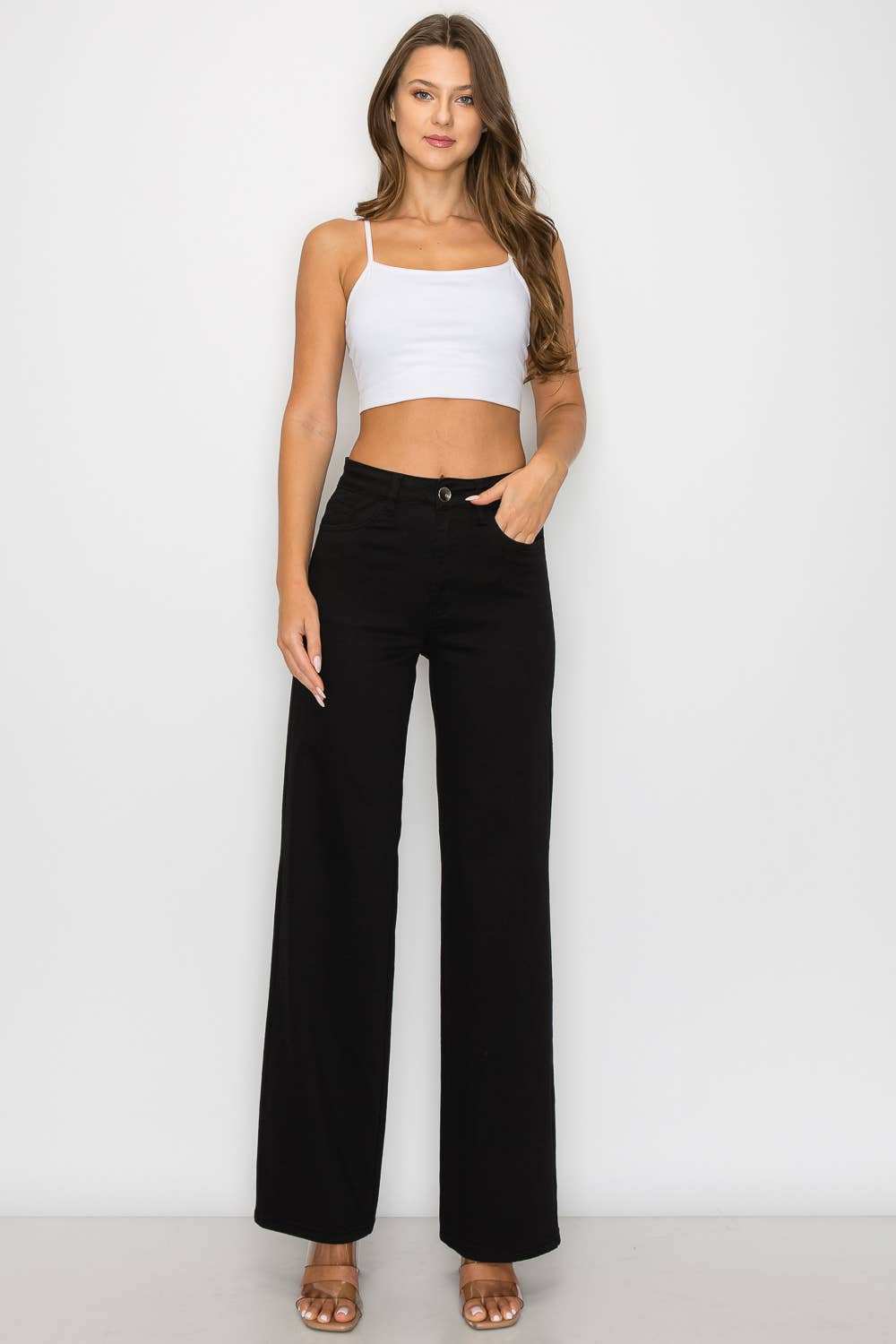 Denim Zone U.S.A. - LVB-200 BLACK HIGH WAISTED STRETCHY WIDE LEGS JEANS