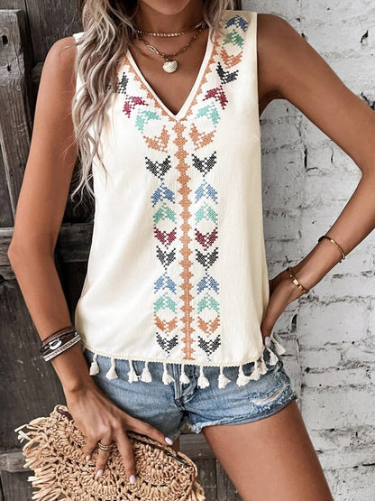Wholesalesir - Tassel Trim V-Neck Tank Top Comfy Sleeveless