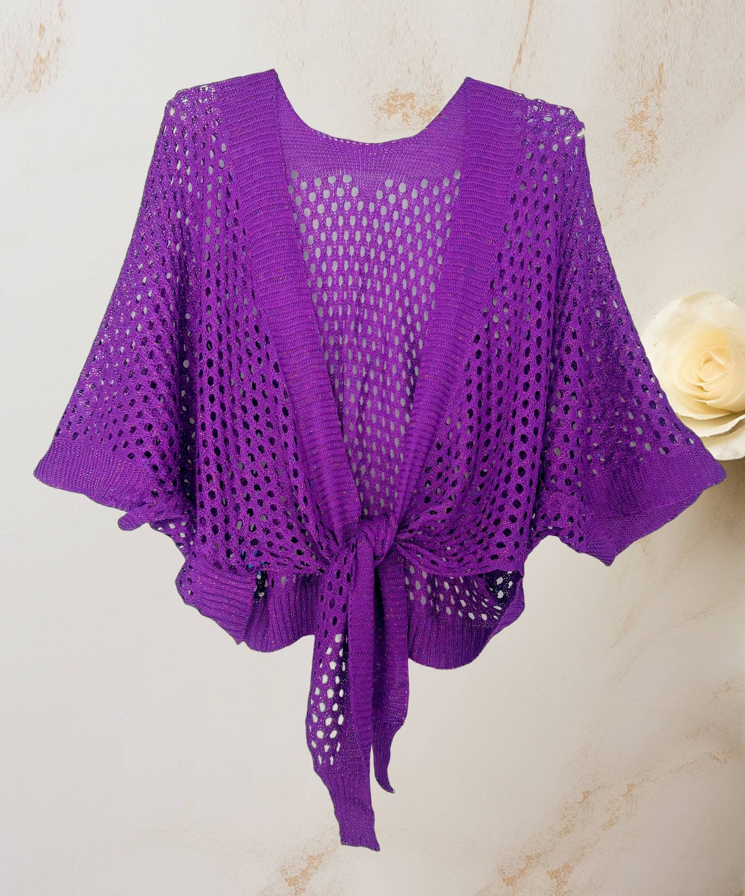 JC Sunny Fashion - Eyelet Open-Knit Metallic Cardigan with Front Tie