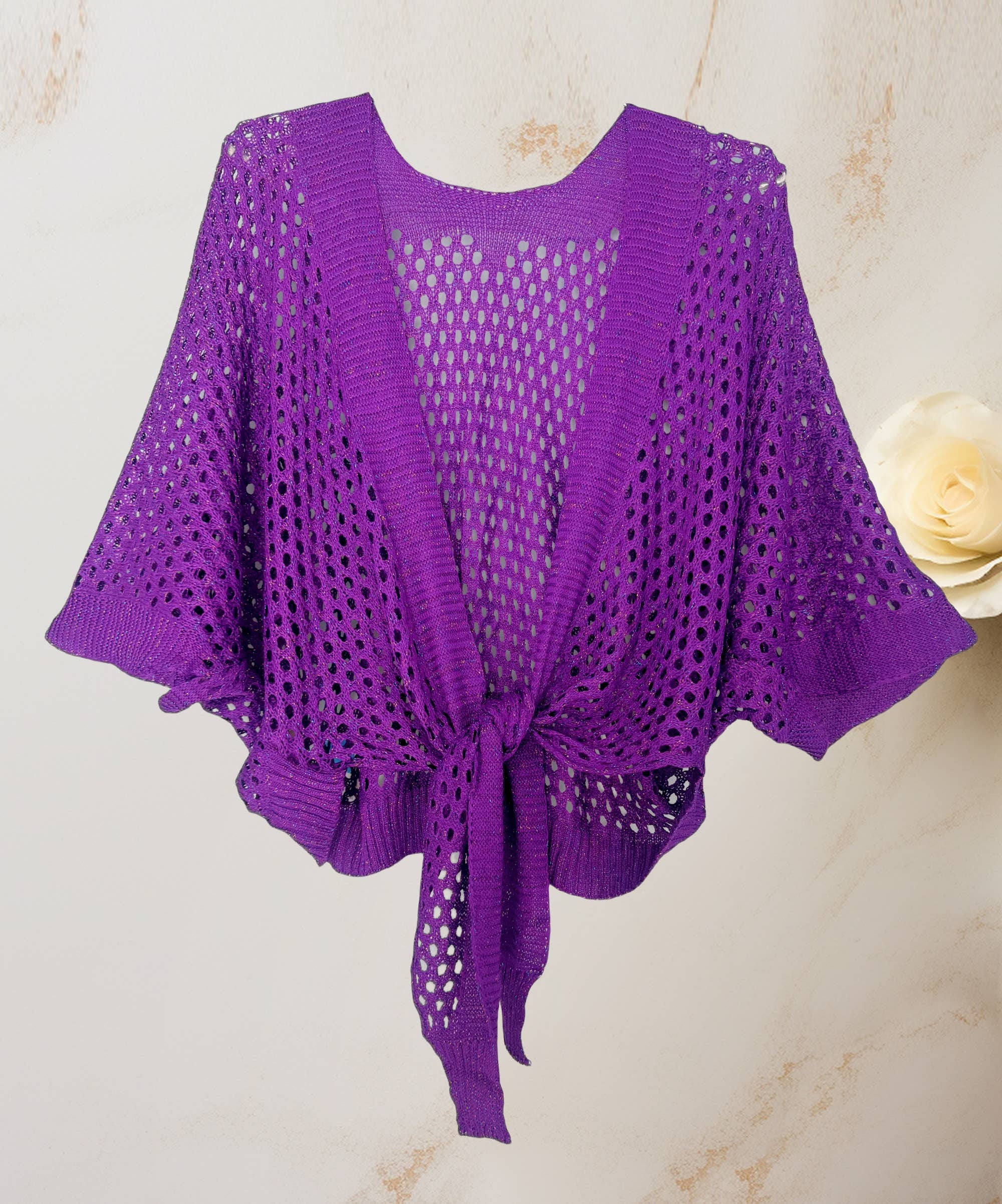 JC Sunny Fashion - Eyelet Open-Knit Metallic Cardigan with Front Tie
