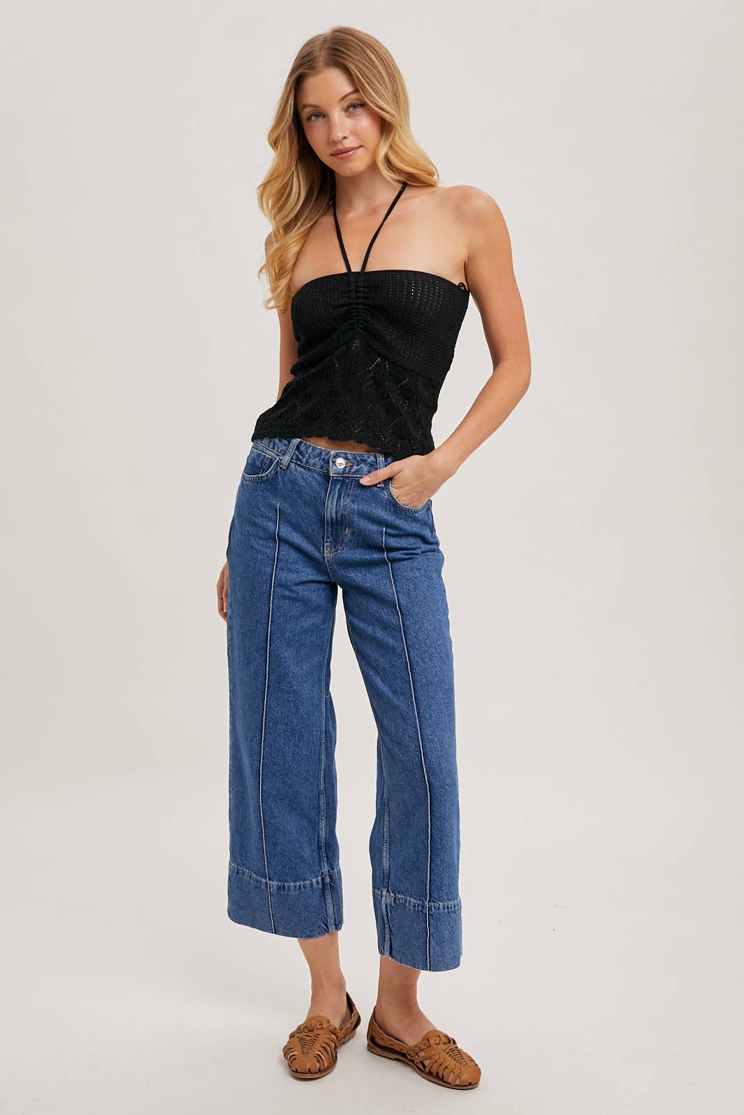 Bluivy - KNOTTED POINTELLE KNIT HALTER TOP SWEATER