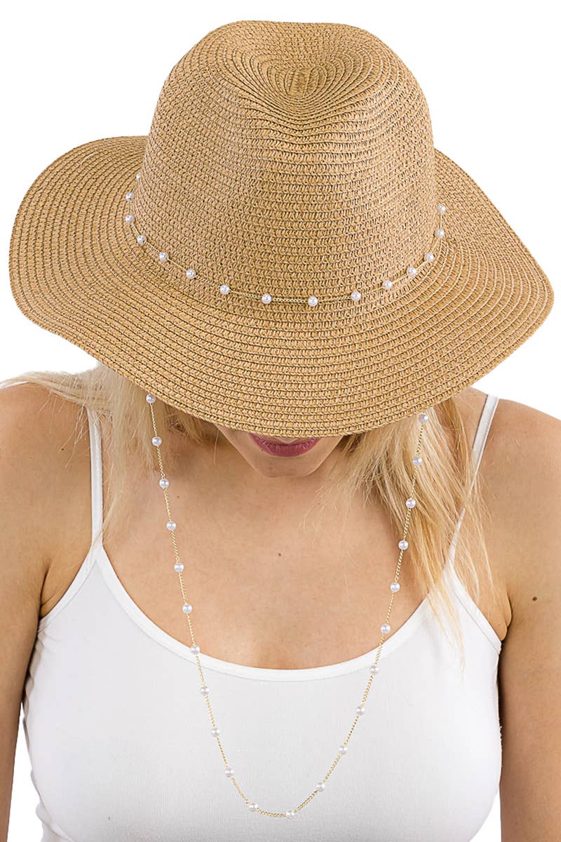 Cap Zone - Faux Pearl Link Chain Fedora Rancher Hat