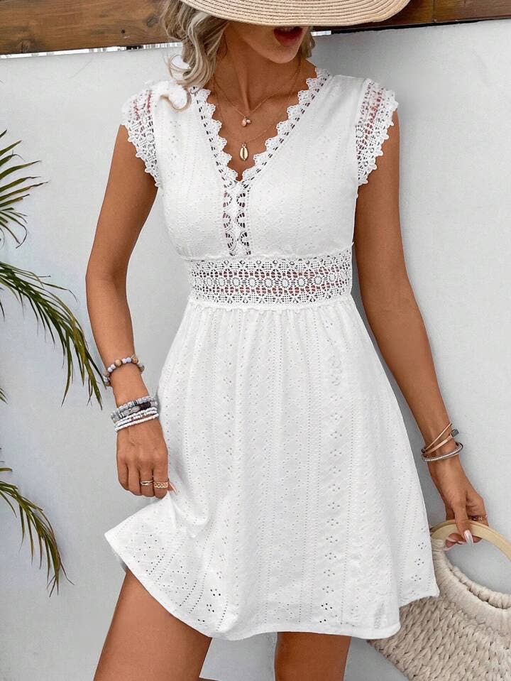 Anna Kaci Wholesale - Eyelet Lace V-Neck A-Line Dress