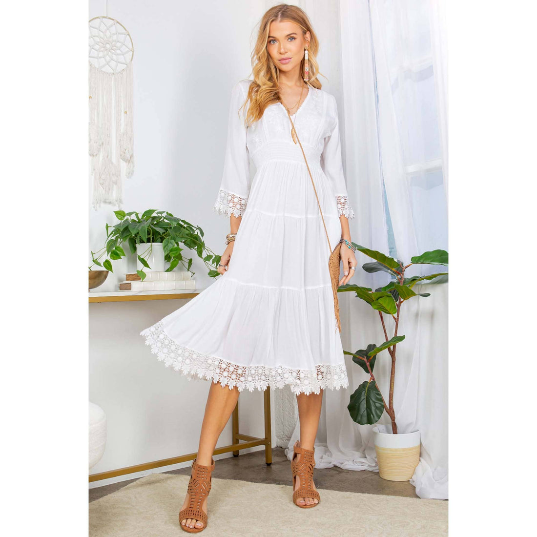 Young Threads - Dress Mid Length V-neck Embroidery &amp; Lace Detailing