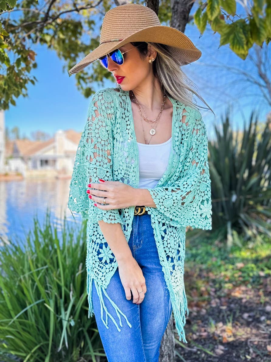 AMOLI - Sage Floral Crochet 3/4 Sleeve With Tassel Kimono