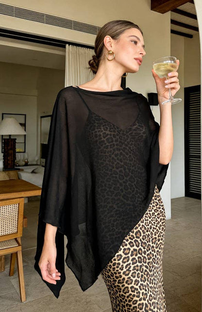 Suhkasana - Sheer Chiffon Poncho Top Batwing Resort Cover Up