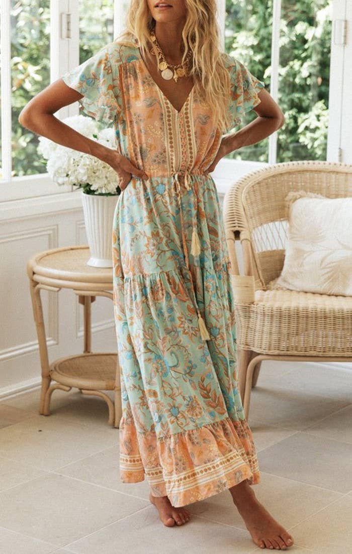  Bohemia Border Print Flutter Sleeve Maxi Dress
